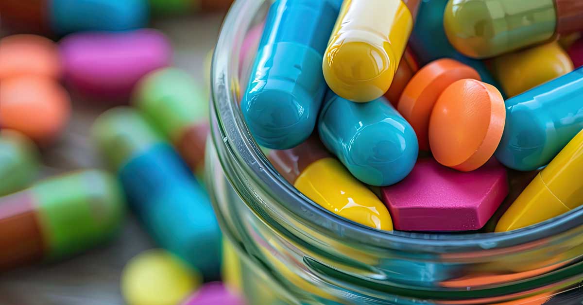 Colorful pills in a jar