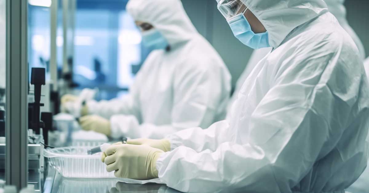 Pharmaceutical factory with researchers in protective suits developing new drugs or medicines