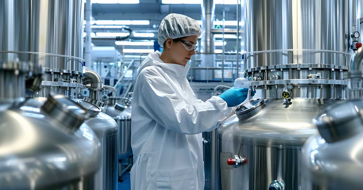 Lab technician monitors bioreactor vessels