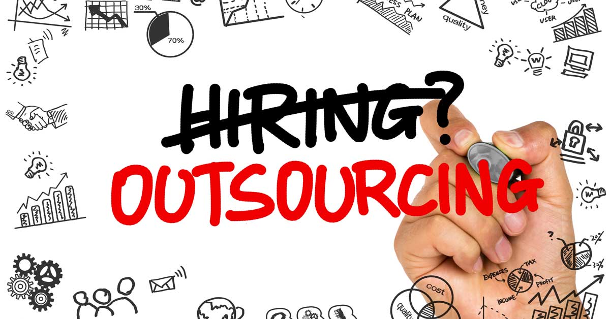 Outsourcing in red, surrounded by business-related doodles.