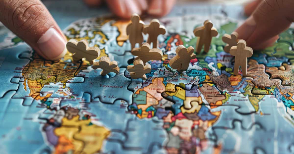 An individual with their hands on a puzzle of the world map, with wooden figures positioned across different regions.