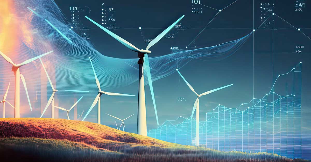 A hillside adorned with wind turbines, accompanied by graphs depicting the energy storage system's data and trends.