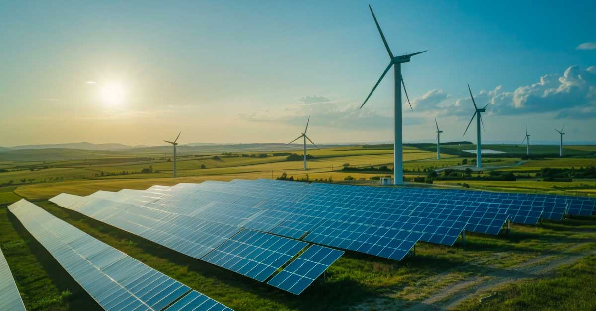Solar panels and wind turbines in a field, showcasing a sustainable energy storage system for renewable energy generation.