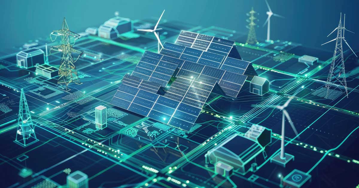 Solar panels absorbing sunlight, representing the transition to solar energy as a key component of future energy solutions. Wind Turbines and powerlines surround the solar panels.