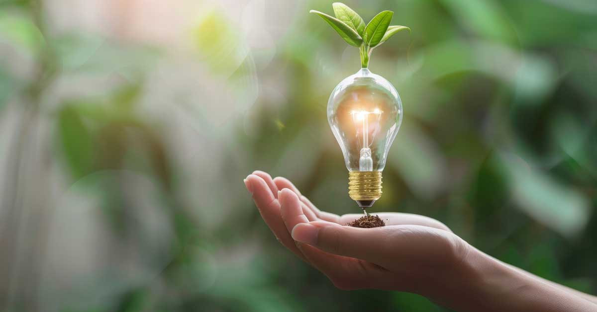 A hand grasps a light bulb, from which a vibrant plant grows, representing the fusion of ideas and nature.